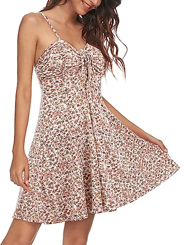 Missufe Freizeitkleid Sommerkleid Spaghettiträger Swing Blumenkleider Damen Cami Kleider (Weißes Rosa Blumenmuster, klein) von Missufe
