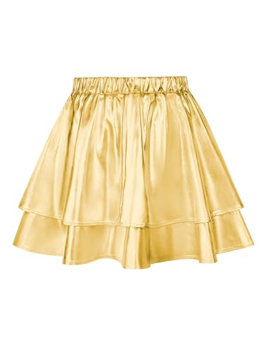 Missufe Glänzender Skater Mini Kurze Rock Damen Metallic Stretch Hohe Taille Double Layered Rüschen Rock (Gold, Groß) von Missufe