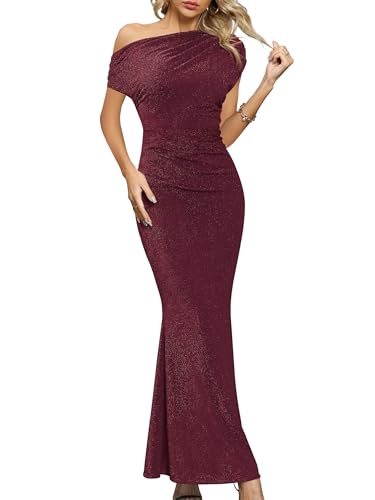 Missufe Hochzeit Lang Festlich Meerjungfrau Abendkleid Damen Cocktailkleid Ballkleid Elegant Maxi Bodycon One Shoulder Kleider (Burgund, XX-Large) von Missufe