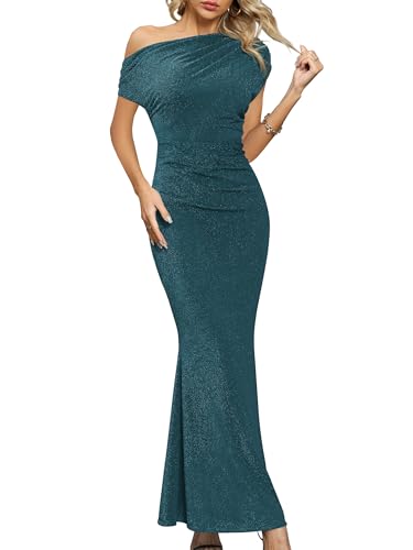 Missufe Hochzeit Lang Festlich Meerjungfrau Abendkleid Damen Cocktailkleid Ballkleid Elegant Maxi Bodycon One Shoulder Kleider (Pfauenblau, X-Large) von Missufe