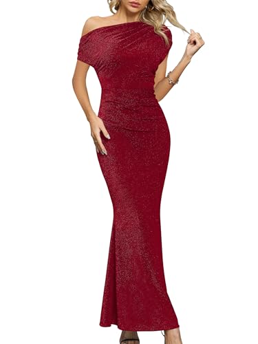 Missufe Hochzeit Lang Festlich Meerjungfrau Abendkleid Damen Cocktailkleid Ballkleid Elegant Maxi Bodycon One Shoulder Kleider (Rot, X-Large) von Missufe