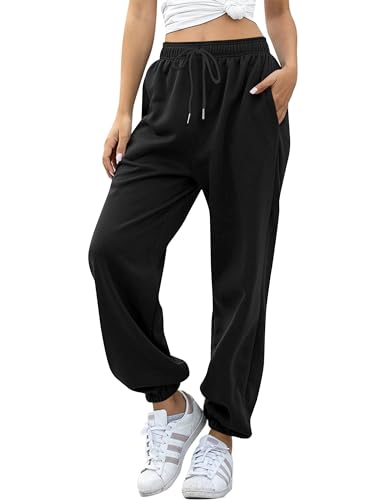 Missufe Jogginghose Freizeithose Hohe Taille Sporthose Damen Trainingshose Cinch Bottom Lang mit Taschen Sweatpants (schwarz, Mittel) von Missufe