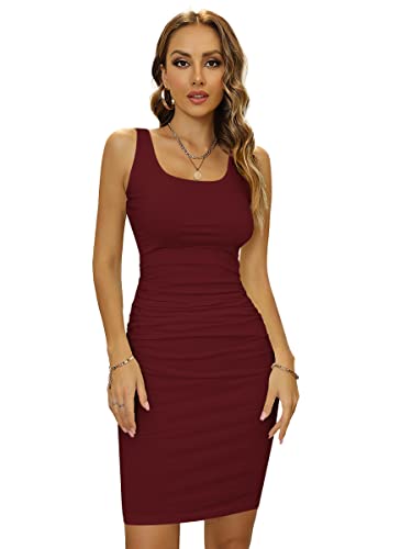 Missufe Knielanges Bleistiftkleid Sommerkleid Bodycon Freizeitkleid Damen Enges Figurbetontes Kleider (Weinrot, L) von Missufe