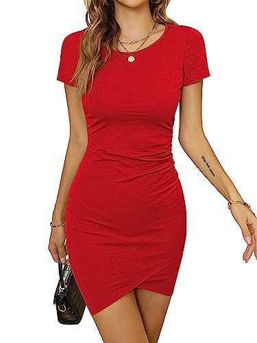 Missufe Kurz Enges Rundhals Wickelkleid Kurzarm Damen Bodycon Kleid Sommerkleid Mini Freizeitkleid T Shirt Kleid (Rot, Groß) von Missufe