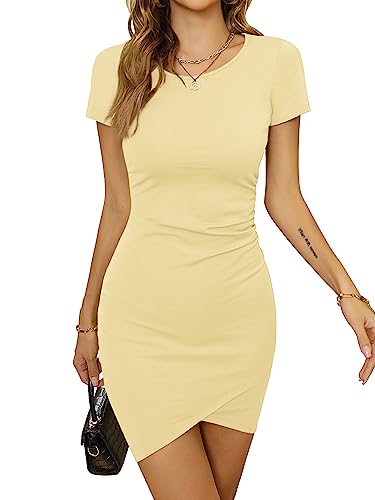 Missufe Kurzarm Sommerkleid Mini Bodycon Kleid Damen Kurz Enges Wickelkleid Freizeitkleid Rundhals T Shirt Kleid (Aprikose, Groß) von Missufe