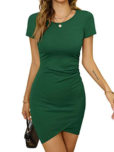 Missufe Kurzarm Sommerkleid Mini Bodycon Kleid Damen Kurz Enges Wickelkleid Freizeitkleid Rundhals T Shirt Kleid (Dunkelgrün, X-Klein) von Missufe