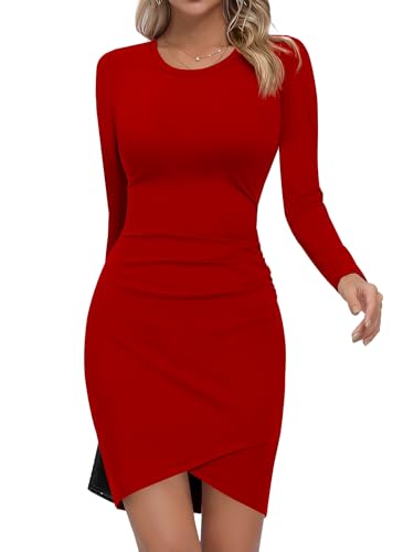 Missufe Kurzes Bodycon T Shirt Kleider Damen Minikleid Elegant Basic Enges Langarm Freizeitkleid (Rot, X-groß) von Missufe