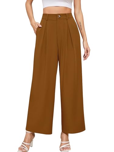 Missufe Lange Gerade Hose Plissee Arbeitshose Damen Hohe Taille Straighthose Business Hosen mit Taschen (Kaffee, Mittel) von Missufe