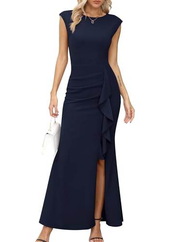Missufe Maxi Rüsche Flügelärmel Cocktail Abendkleider Damen Ballkleid Schlitz Meerjungfrau Bodycon Hochzeit Festlich Kleid (Navy Blau, X-klein) von Missufe