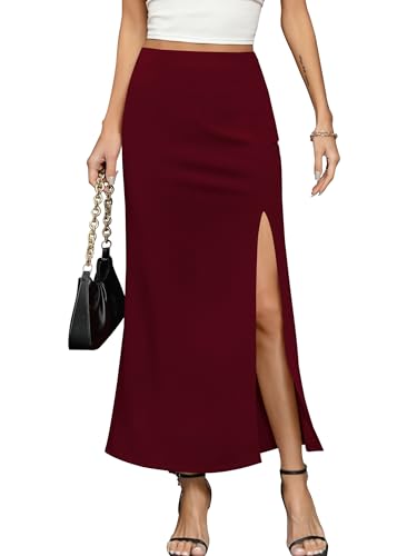Missufe Maxirock Langer Elegant Schlitz Skirt Damen Sommer Röcke Hohe Taille Rock (Weinrot, groß) von Missufe