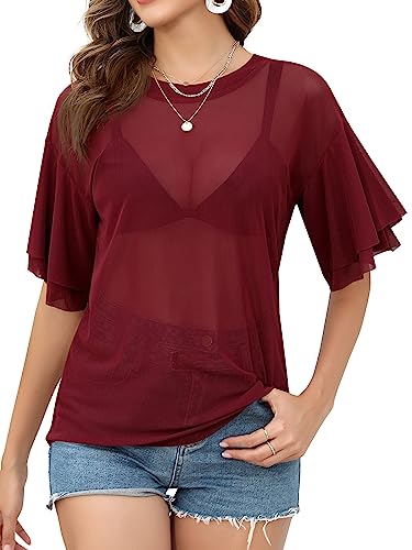 Missufe Mesh Bell Sleeve Casual Tops Damen Halbarm Sheer Loose Casual T Shirt (Burgunderrot, Groß) von Missufe