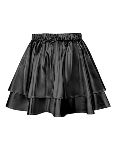Missufe Metallic Stretch Hohe Taille Rock Damen Double Layered Rüschen Glänzender Skater Mini Kurze Rock (Schwarz, Groß) von Missufe