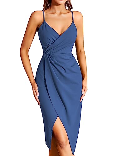 Missufe Midikleid Cocktailkleid Wickelkleid Sommerkleid Partykleid Damen Festliche Elegant Bodycon Hochzeit Abendkleider Ärmellos Spaghettiträger Kleider (Dunstblau, groß) von Missufe