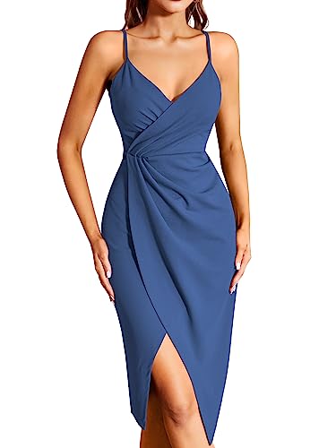 Missufe Midikleid Cocktailkleid Wickelkleid Sommerkleid Partykleid Damen Festliche Elegant Bodycon Hochzeit Abendkleider Ärmellos Spaghettiträger Kleider (Dunstblau, mittel) von Missufe
