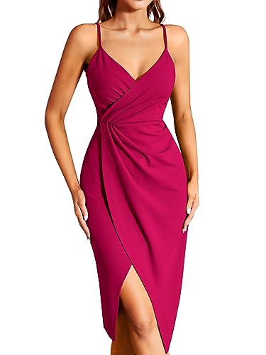 Missufe Midikleid Cocktailkleid Wickelkleid Sommerkleid Partykleid Damen Festliche Elegant Bodycon Hochzeit Abendkleider Ärmellos Spaghettiträger Kleider (Heißes Rosa, X-groß) von Missufe