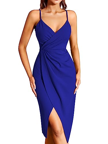 Missufe Midikleid Cocktailkleid Wickelkleid Sommerkleid Partykleid Damen Festliche Elegant Bodycon Hochzeit Abendkleider Ärmellos Spaghettiträger Kleider (Königsblau, X-klein) von Missufe