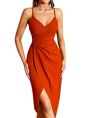 Missufe Midikleid Cocktailkleid Wickelkleid Sommerkleid Partykleid Damen Festliche Elegant Bodycon Hochzeit Abendkleider Ärmellos Spaghettiträger Kleider (Orange, XX-groß) von Missufe