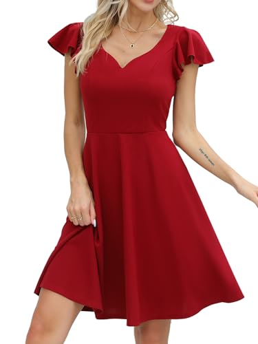 Missufe Minikleid Cocktailkleid Elegant Vintage Kleider Damen Kurz A-Linie Herzausschnitt Kleider (rot, X-groß) von Missufe