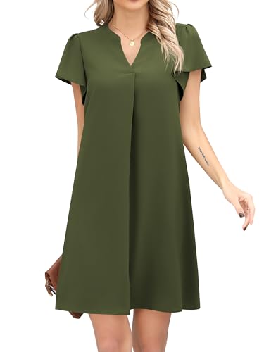 Missufe Minikleid Sommer Hemdkleid Kurzarm Freizeitkleider Damen BlusenkleidV-Ausschnitt Kleider (Armeegrün, X-Large) von Missufe