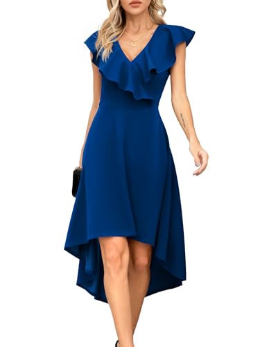 Missufe Party Abendkleid Rüschen A-Linie Midikleider Damen V Ausschnitt High Low Cocktailkleider (Blau, X-groß) von Missufe