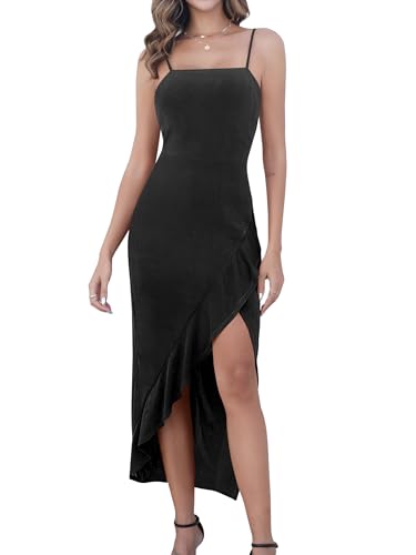 Missufe Partykleid Cocktailkleid Festliche Bodycon Midikleid Damen Abendkleider Elegant Mit Schlitz Rüschen Spaghettiträger Kleider (schwarz, Mittel) von Missufe