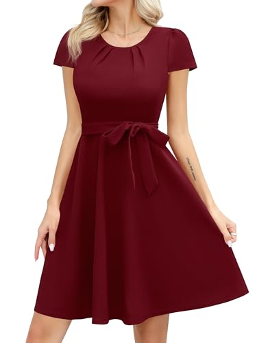 Missufe Partykleid Elegant A Linien Abendkleid Damen Cocktailkleid Minikleid Swing Rockabilly Kurzarm Kleider (Weinrot, X-Large) von Missufe