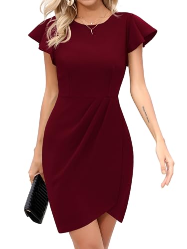 Missufe Partykleid Enges Elegant Figurbetontes Cocktailkleid Damen Minikleid Bodycon Hochzeit Rüschenkleid (Weinrot, X-Large) von Missufe