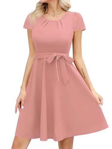 Missufe Partykleid Minikleid Rockabilly Swing Cocktailkleid Damen Abendkleid Elegant A Linien Kurzarm Kleider (Rosa, groß) von Missufe