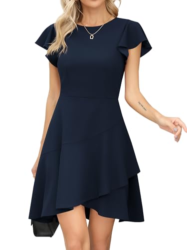 Missufe Partykleid Rundhalsausschnitt A Linien Abendkleid Damen Cocktailkleid Flatterärmel Rüschen Skater Kurz Kleider (Navy Blau, groß) von Missufe