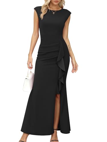 Missufe Rüsche Schlitz Meerjungfrau Bodycon Kleid Damen Maxi Abendkleider Flügelärmel Cocktail Ballkleid Hochzeit Festlich Kleid (Schwarz, XX-groß) von Missufe