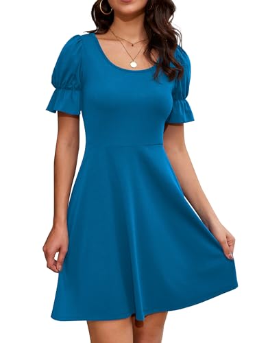 Missufe Rüschen Sommer Minikleid Freizeitkleid Skaterkleid Damen U-Ausschnitt Puffärmel Swing Kurz Kleider (Blau, Mittel) von Missufe