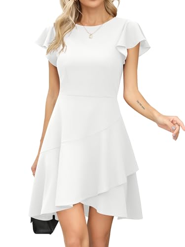 Missufe Rundhalsausschnitt Rüschen A Linien Abendkleid Damen Cocktailkleid Flatterärmel Skater Kurz Partykleid Kleider (Weiß, XX-groß) von Missufe