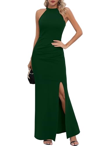 Missufe Schlitz Maxikleid Neckholder Ärmelloses Abendkleid Damen Elegant Bodycon Lang Partykleid Ballkleider (Dunkelgrün, X-klein) von Missufe