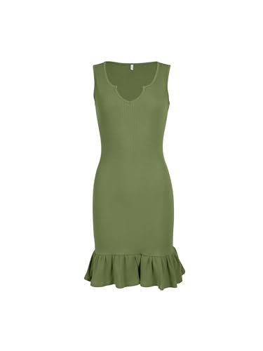 Missufe Sommer Ärmelloses Bodycon Strickkleid Rüschenkleid Damen V-Ausschnitt Freizeitkleid (Armeegrün, groß) von Missufe
