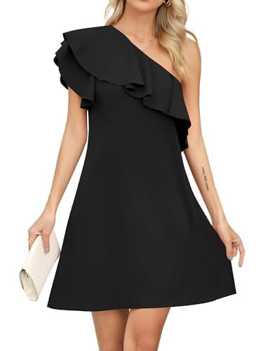 Missufe Sommer Asymmetrische Schulterfrei Kurzes Kleid Damen Minikleid Rüschen One Shoulder Freizeitkleider (Schwarz, Mittel) von Missufe