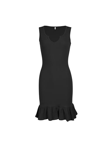 Missufe Sommer Bodycon Strickkleid V-Ausschnitt Freizeitkleid Damen Ärmelloses Rüschenkleid (schwarz, klein) von Missufe