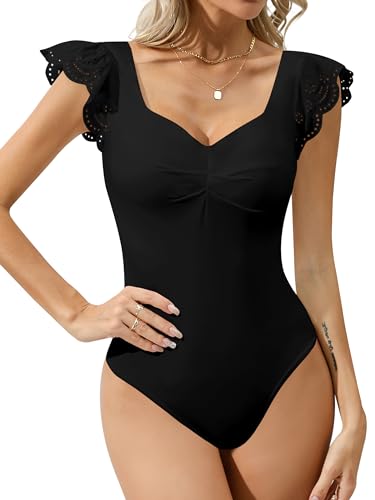 Missufe Sommer Elegant Kurzarm Body Tops Damen Quadratischer Hals Oberteile (schwarz, groß) von Missufe