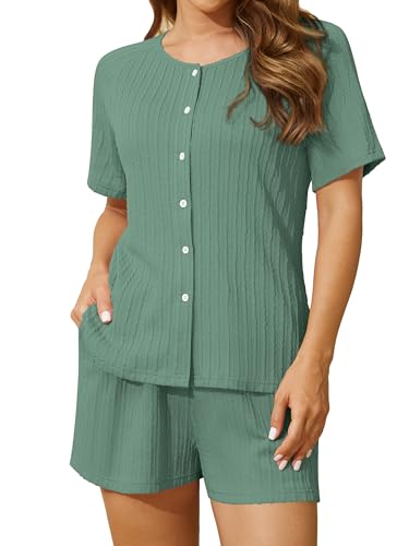 Missufe Sommer Top und Shorts Schlafanzug Damen 2 Teiler Pyjama Set Kurze Hose Nachtwäsche Zweiteiliger Lockeres Hausanzug (grün, mittel) von Missufe