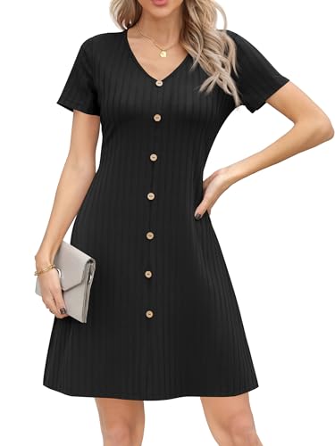 Missufe Sommerkleid A Linien Swing Strickkleid Damen V-Ausschnitt Kurzarm Freizeitkleid mit Knöpfen (Schwarz, Mittel) von Missufe