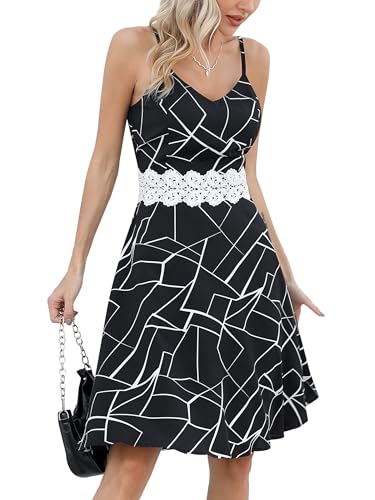 Missufe Spaghetti Träger Ärmellos Swing Blumenkleid Damen Freizeitkleid V-Ausschnitt Verstellbaren Sommerkleid Kurzarm Kleider (schwarz, X-groß) von Missufe