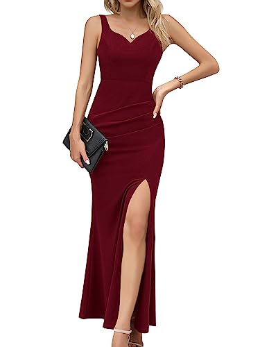 Missufe Sommerkleid Cocktailkleid Festliche Partykleid Maxikleid Damen Abendkleid Bodycon Kleider (Burgunderrot, XX-groß) von Missufe