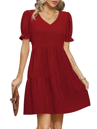 Missufe Sommerkleid Swing Babydoll Kurz Kleider Damen Puffärmel Kurzarm V-Ausschnitt Tunika Rüschen A-Linien Lose Freizeitkleid (Rot, groß) von Missufe
