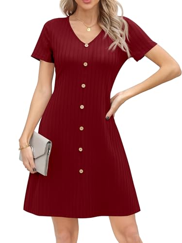 Missufe Sommerkleid Swing Kurzarm V-Ausschnitt Freizeitkleid Damen A Linien Strickkleid mit Knöpfen (Rot, Mittel) von Missufe
