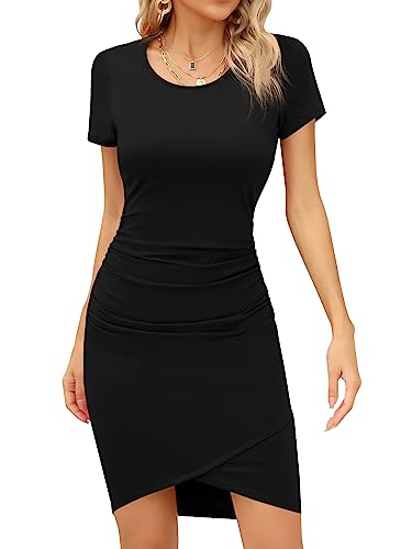 Missufe Sommerkleid T Shirt Enges Kleid Damen Freizeitkleid Bodycon Kurz Wickelkleid Mini Kurzarm Kleid (Schwarz,Mittel) von Missufe