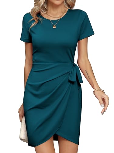Missufe Sommerkleid T Shirt Wickelkleid Minikleid Damen Freizeitkleid Enges Bodycon Kurzarm Gerafftes Krawattenkleid (Pfauenblau, klein) von Missufe