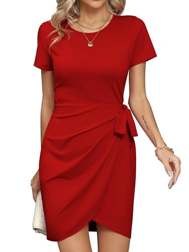 Missufe Sommerkleid T Shirt Wickelkleid Minikleid Damen Freizeitkleid Enges Bodycon Kurzarm Gerafftes Krawattenkleid (Rot, X-Large) von Missufe