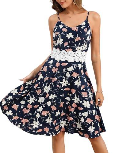 Missufe Blumenkleid Freizeitkleid V-Ausschnitt Verstellbaren Sommerkleid Damen Spaghetti Träger Ärmellos Swing Kurzarm Kleider (Blau, X-groß) von Missufe