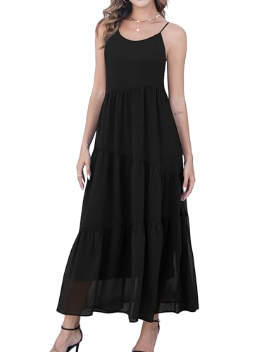 Missufe Strandkleid Sommer Maxikleid Chiffon Trägerkleid Damen Freizeitkleid Ärmellos Spaghettiträgern Gestufte Langes Kleider (schwarz, klein) von Missufe