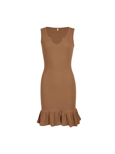 Missufe Strickkleid Sommer Bodycon V-Ausschnitt Freizeitkleid Damen Ärmelloses Rüschenkleid (Braun, X-Large) von Missufe