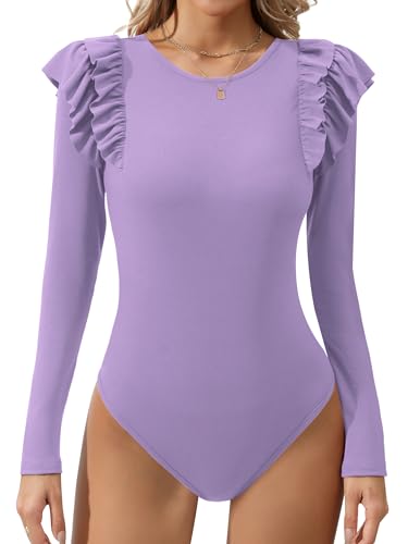 Missufe Stricktop Elegant Rüschen Langarm Body Damen Rundhals Oberteil (Lila, XS) von Missufe